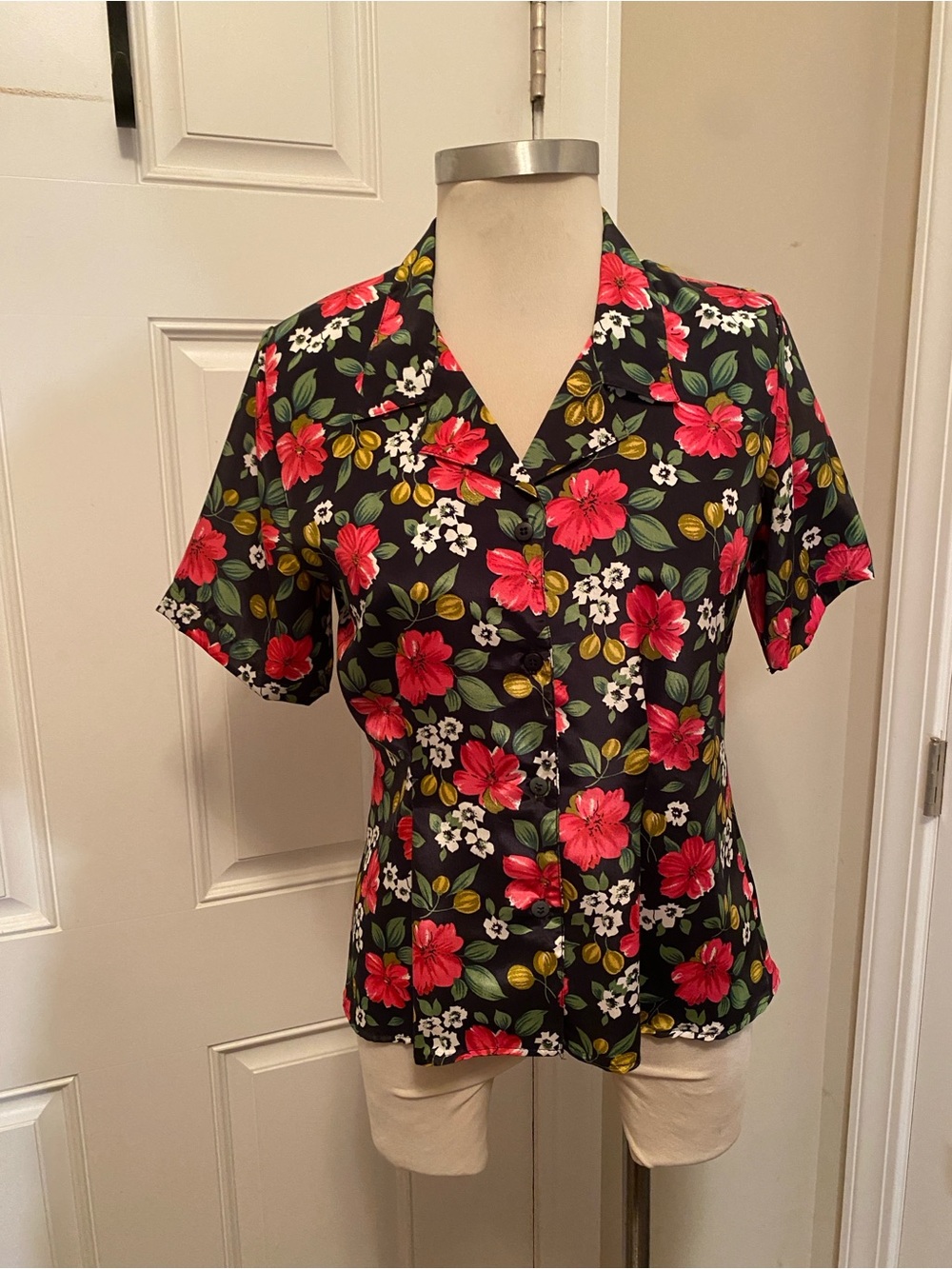 Notations Black Button-Up Blouse with Pink Floral Print